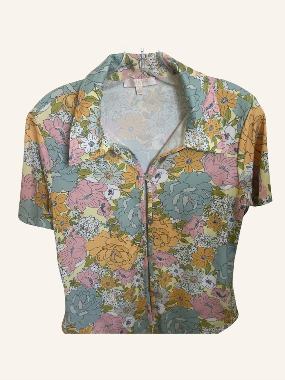 Wayf Pastel Floral Multi-Color Short Sleeve Blouse Size Small 70’s Inspired